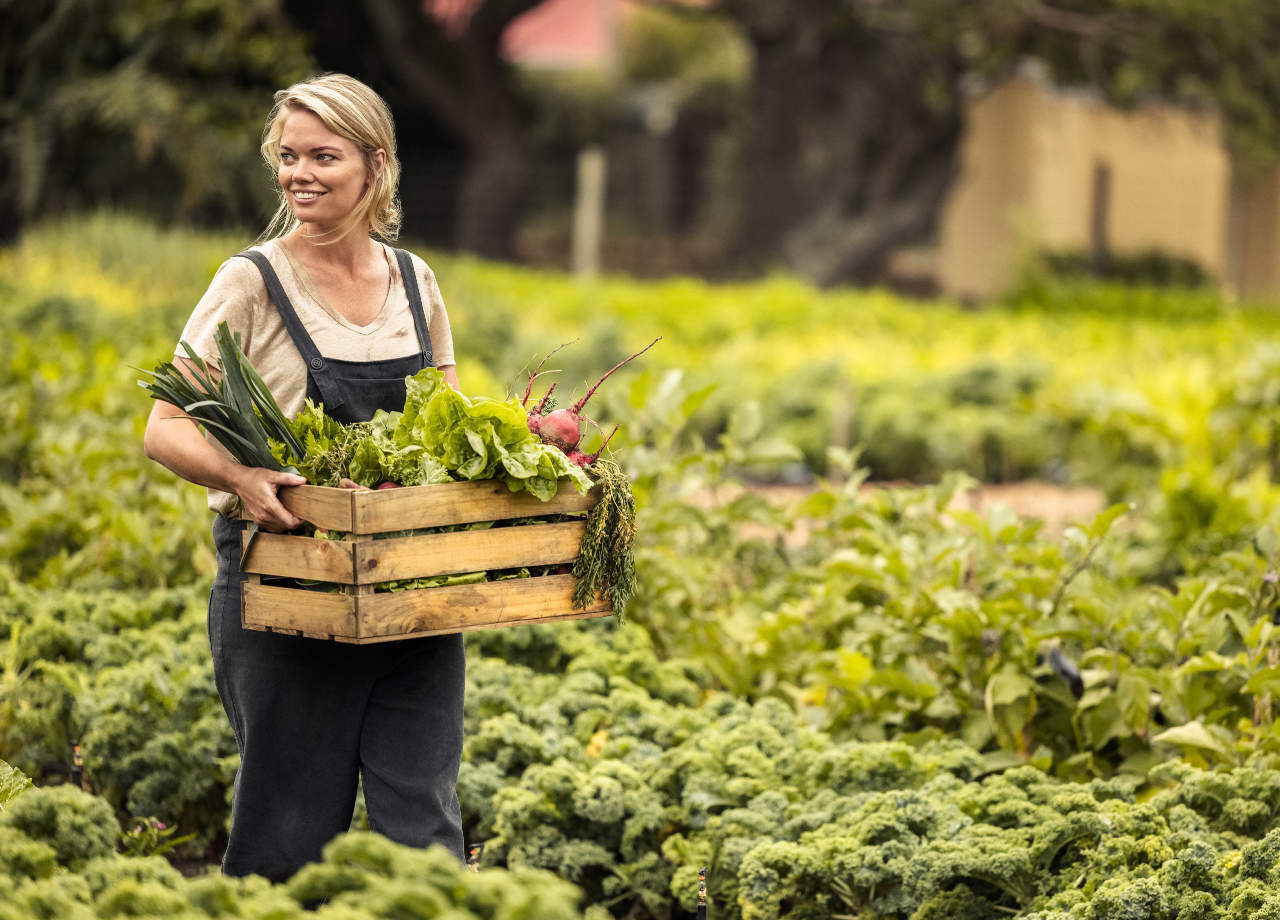 Kvinna på åker med nyskördade grönsaker