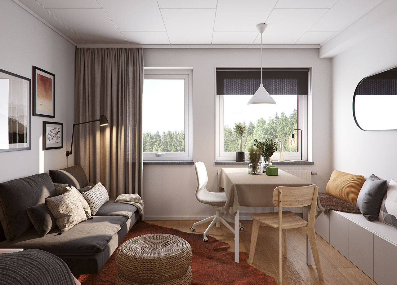 Illustrationsbild av rummet med i en BoKlok lägenhet med ett rum och kök.