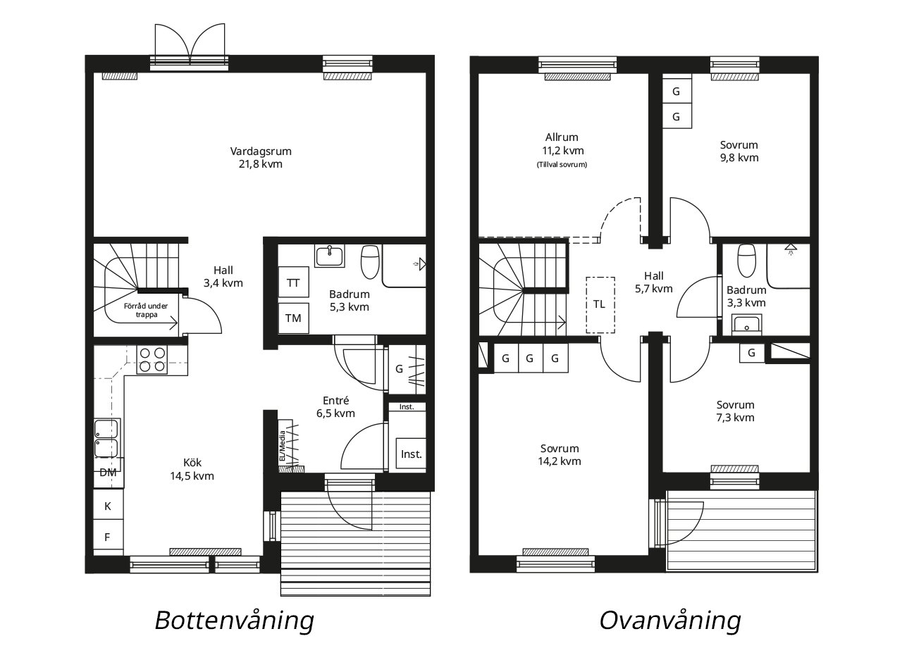Planlösning BoKlok enfamiljshus spegelvänd mitthus med torktumlare och balkong