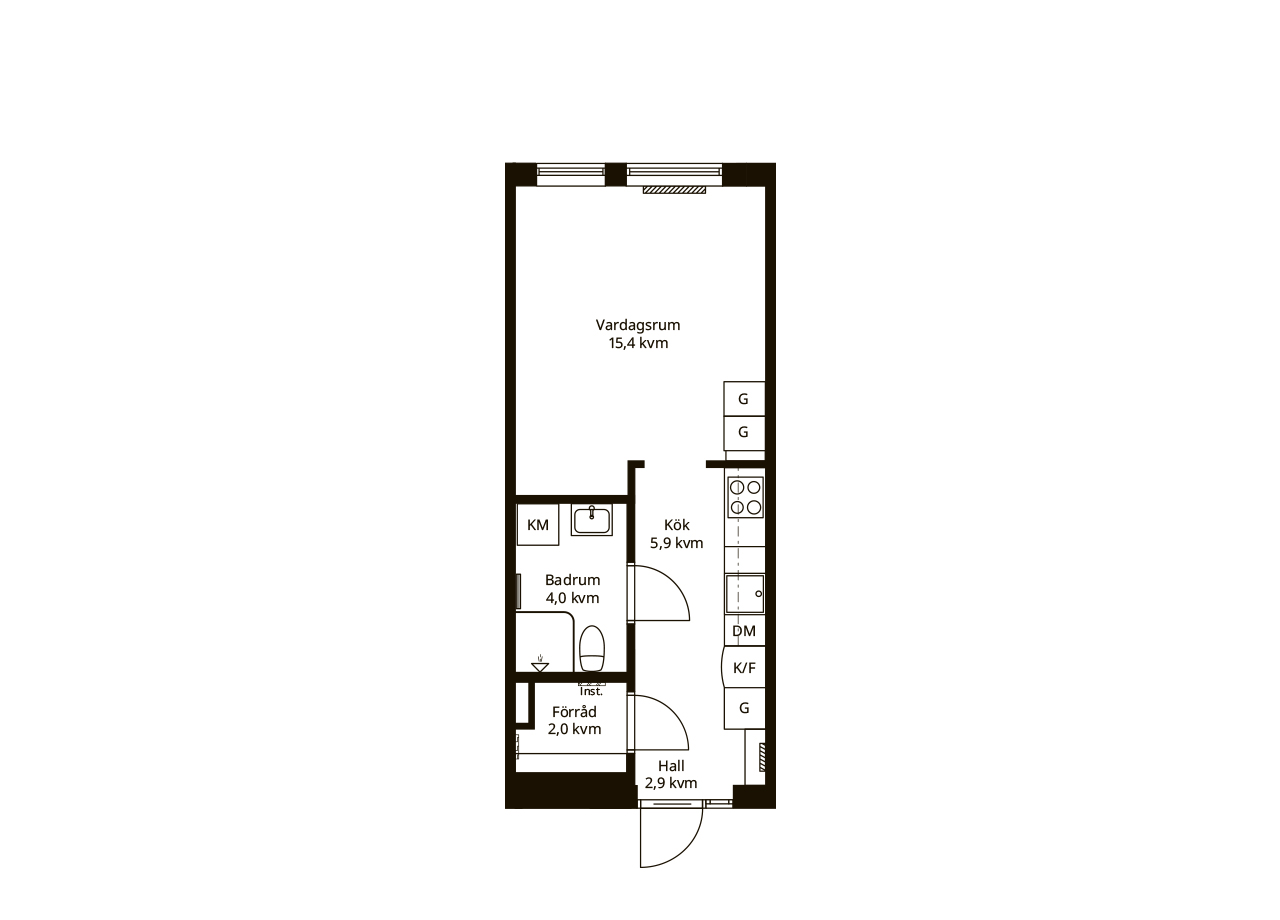 Planlösning av en BoKlok lägenhet ett rum och kök.