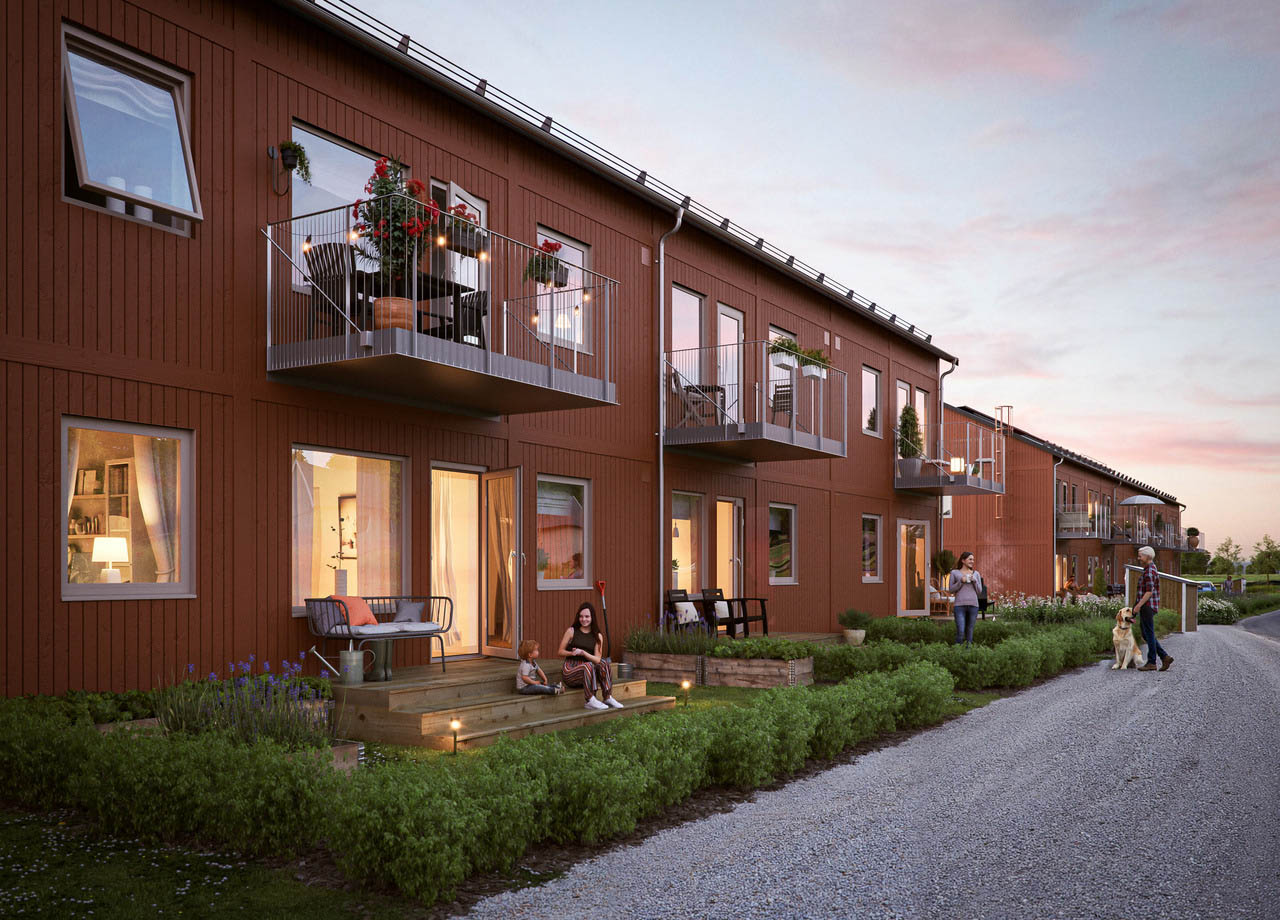 Illustrationsbild av balkonger och uteplatser till lägenhetshus i BoKlok Klövern i Gråbo, Lerum.